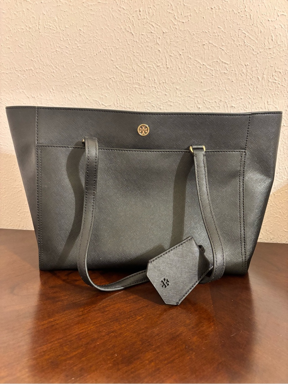 Tory Burch Black Saffiano Tote with Gold Logo (Robinson Small)